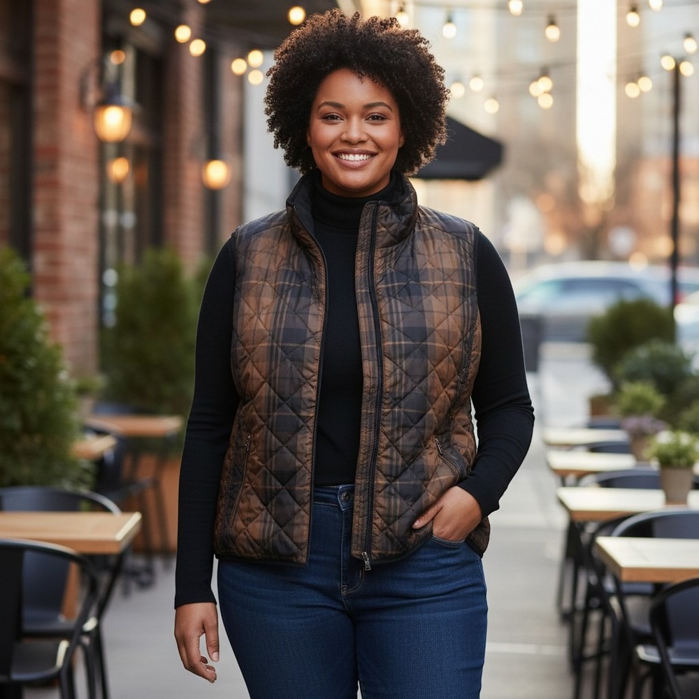 Lauren Ralph Lauren Reversible Quilted Vest Brown Plaid Black 3X Womens